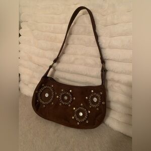 Bohemian style brown shoulder bag with mirror detail